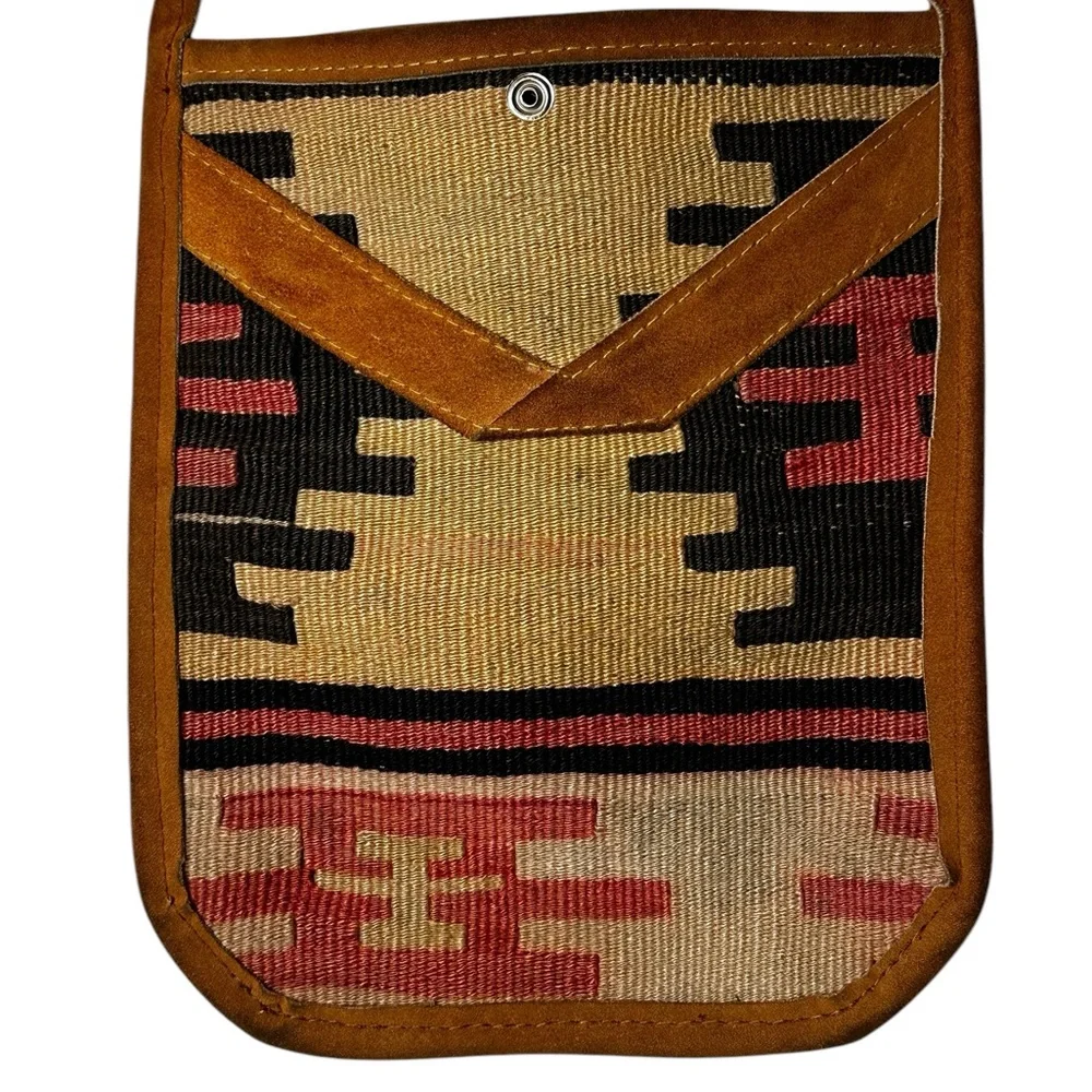 Kilim Jute Handmade Wool Leather Crossbody Bag Southwestern Aztec Boho Hippie